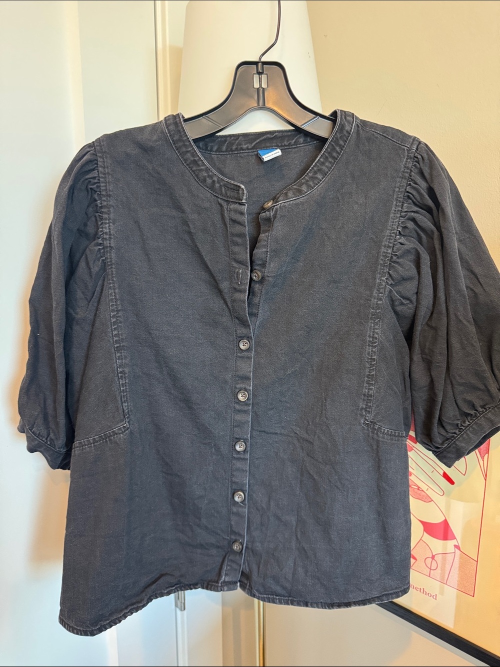 Old Navy Women’s Black Button-Up Puff Sleeve Casual Shirt, Size Large